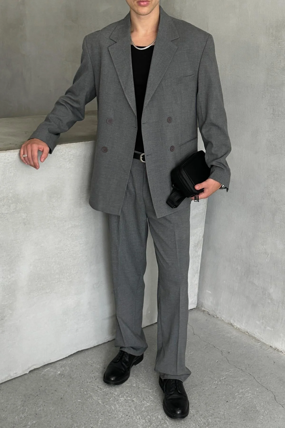 Men's Oversize Relaxed Fit Double-Breasted Suit Anthracite
